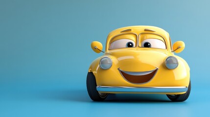 Smiling yellow cartoon car character on light blue background. Front view of happy automobile illustration