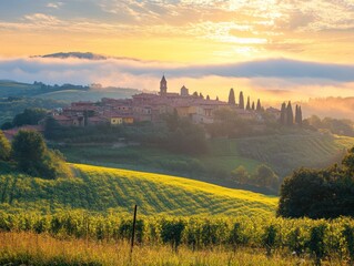 Naklejka premium Tuscan Hilltop Town at Sunrise