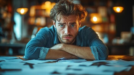 Obraz premium Frustrated man staring at a pile of documents in his office clearly overwhelmed by his work. Generative AI
