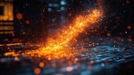 Futuristic spark and glowing effect streaming across a high-tech keyboard. Generative AI