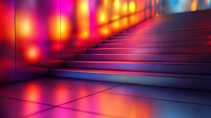 Neon-lit stairway, vibrant background, interior, ascent, modern design, website banner