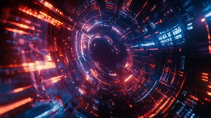 Obraz premium Abstract Tunnel with Glowing Red and Blue Lights in a Digital Space