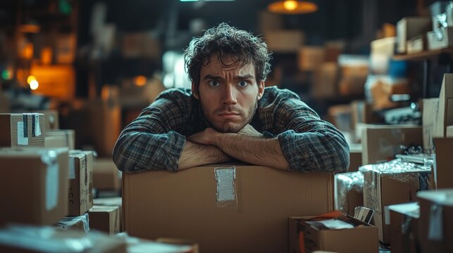 A worker sitting surrounded by boxes looking stressed and exhausted while packing their belongings. Generative AI