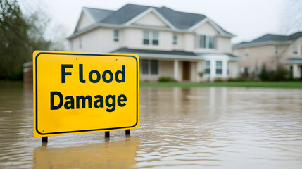 Fototapeta premium Flooded street with a bright yellow warning sign reading 
