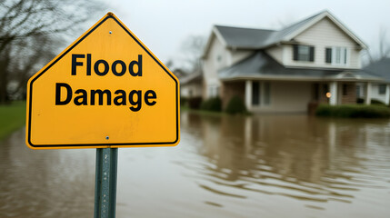 Flood damage warning sign near a flooded home. The photo showcases the impact of flooding on residential areas and the need for caution.