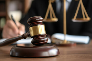 Judge's gavel on black table against male lawyer with mobile phone in office