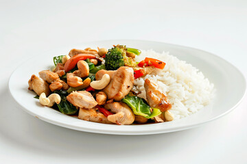 A vibrant dish featuring stir-fried chicken, crunchy cashews, fresh vegetables, and fluffy steamed rice on a clean white plate. Perfect for illustrating Asian cuisine or healthy meal concepts.