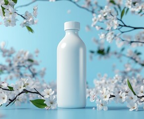 Sleek bottle sits gracefully against a soft blue background, framed by delicate cherry blossoms, highlighting a fresh and minimalist packaging concept perfect for branding