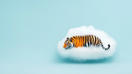 Naklejka premium A tiger perched on a cloud amidst a blue sky with a white cloud behind it