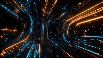 Abstract glowing lines forming a tunnel in a black background moving in space