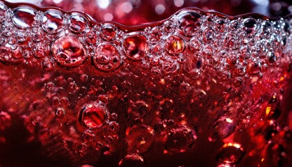 Ultra-macro image of carbonated soda, emphasizing the tiny bubbles rising through the liquid, capturing the dynamic motion and effervescence of the drink.
