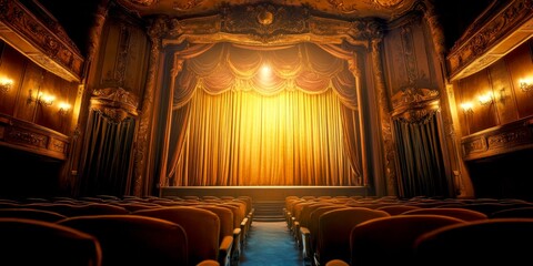 Fototapeta premium A classic theater scene with beautiful golden curtains ready for a performance. The elegant seating creates a nostalgic and inviting atmosphere for audiences. Experience the magic of live shows. AI