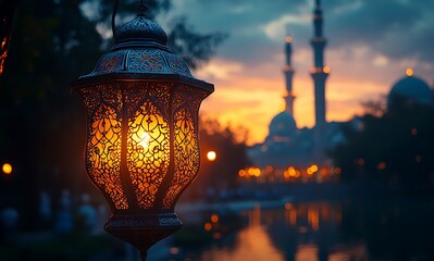 Elegant Lantern Glowing Against Twilight Mosque and Serene Landscape

