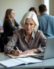 Portrait of mature businesswoman writing in notebook with thoughtful look while working in office
