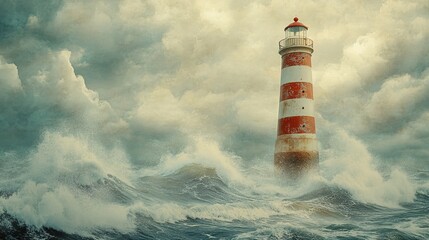 A lighthouse stands tall amidst turbulent ocean waves and clouds.