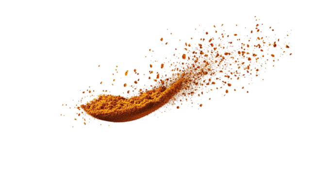 Turmeric powder floating, isolated on a white background --ar 16:9