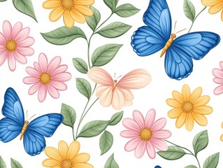 Obraz premium Colorful floral pattern featuring butterflies and blooming flowers on a white background