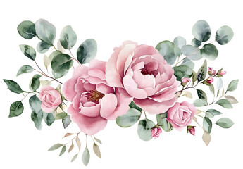 Watercolor floral illustration. Pink flowers and eucalyptus greenery bouquet. Dusty roses, soft light blush peony - border, wreath, frame. Perfect wedding stationary, greetings, fashion, background