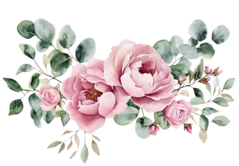 Watercolor floral illustration. Pink flowers and eucalyptus greenery bouquet. Dusty roses, soft light blush peony - border, wreath, frame. Perfect wedding stationary, greetings, fashion, background