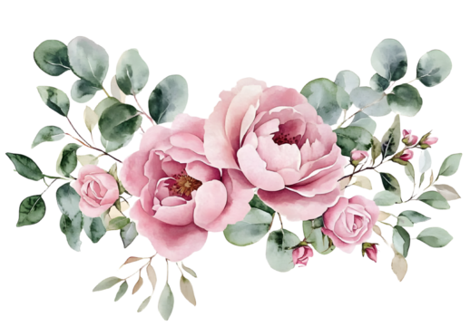 Watercolor floral illustration. Pink flowers and eucalyptus greenery bouquet. Dusty roses, soft light blush peony - border, wreath, frame. Perfect wedding stationary, greetings, fashion, background