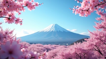 Mount Fuji framed by blooming cherry blossoms in japan’s scenic spring landscape
