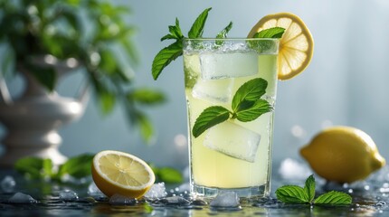 Refreshing Lemonade with Mint and Ice Cubes in a Glass, Garnished with Lemon Slices and Fresh H