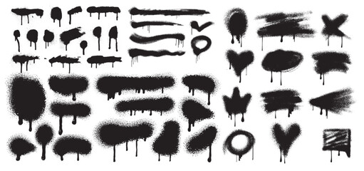 Set Of Spray Graffiti Element, Black Splatter Vector Brush Drip Freehand Kit, Urban Street Grunge. Spray Graffiti Dark Splash. Hand Draw Writing Stain Splash, Dirty Messy Airy Ink Stroke And Circles