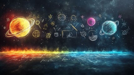 Holographic blackboard glowing neon chalk lines featuring diverse handdrawn symbols of different cultures languages emphasizing inclusivity and global learning with blank spaces for design