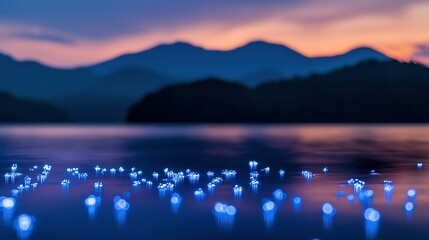   A cluster of azure lanterns bobbing above a placid lake adjacent to a verdant mountain range obscured by a hazy sky