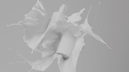 Two white cosmetic bottles captured in mid-air with a dynamic splash effect. The minimalistic design and fluid motion create a sense of purity, hydration, and skincare elegance