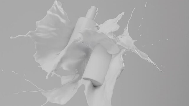 Two white cosmetic bottles captured in mid-air with a dynamic splash effect. The minimalistic design and fluid motion create a sense of purity, hydration, and skincare elegance