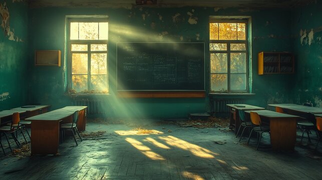 Luminous softfocus empty classroom desks chalkboard glowing softly under a warm surreal light offering a peaceful learning atmosphere and blank areas for educational content