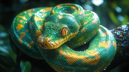 Fototapeta premium Green tree python coiled rainforest branch wildlife closeup