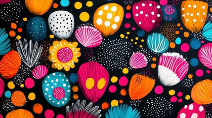 Naklejka premium A vibrant artwork showcasing a variety of hued blossoms against a dark canvas, adorned with spheres and specks, featuring a striking white focal point at its