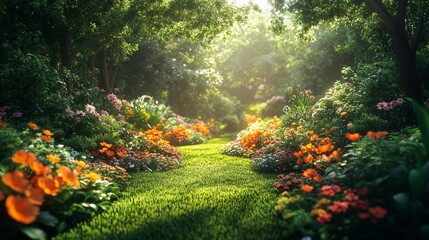 A lush garden path surrounded by colorful flowers and sunlight filtering through trees in a peaceful setting. Generative AI