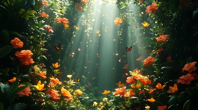 Sunbeams illuminate magical floral jungle; butterflies dance, petals fall