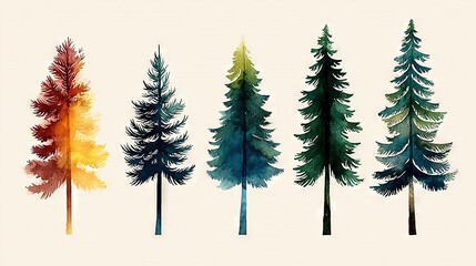 Fototapeta premium A row of trees painted with watercolors on a white background in various shades of green, yellow, and red