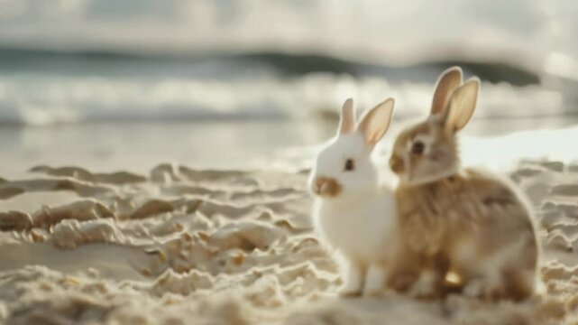 two cute Easter bunnies on vacation by beach coast.