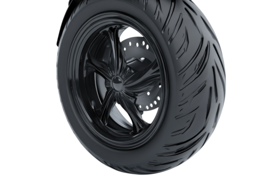A close-up view of a sleek black motorcycle tire showcasing intricate design and grip patterns isolated on transparent background