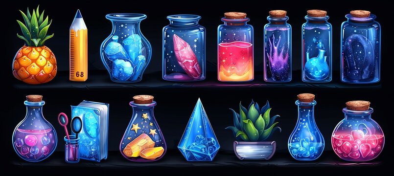 Stylized holographic icons metallic rainbow reflections representing learning tools like rulers books magnifying glasses designed pop against a dark background and leave space for messaging