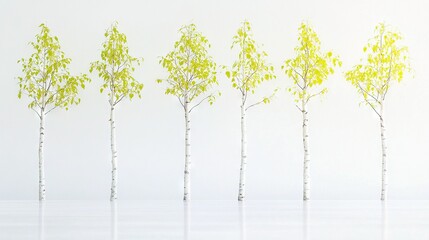 Obraz premium A row of trees with yellow leaves in front of a white wall reflects on the floor