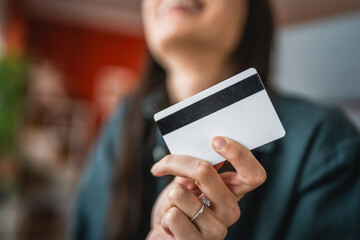 businesswoman work from home and buy online on laptop and credit card