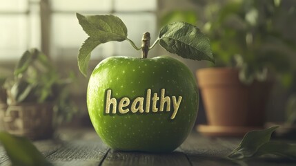 Green apple with carved word "healthy". Healthy food concept