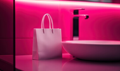 Modern Minimalist Bathroom with Elegant Sink and Shopping Bag