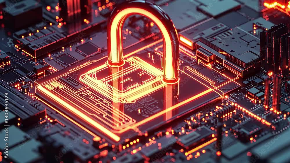 Poster digital padlock symbol over computer circuit boards represents secure data processing and cybersecur