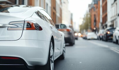 Fototapeta premium White Electric Car Parked on a Busy City Street