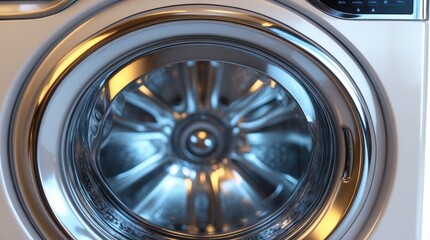 Close-up View of a Modern Washing Machine Drum with Stainless Steel Interior and Transparent Do