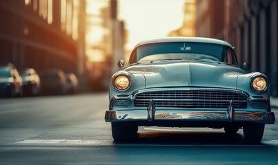 Fototapeta premium Classic Vintage Car on a City Street at Sunset
