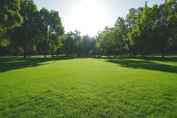 Fototapeta premium Sunny grassy park with trees and natural background