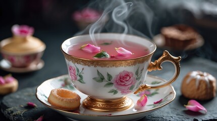 Fototapeta premium Elegant Tea Time: Floral Infusion in a Classic Porcelain Cup with Steam and Pastries